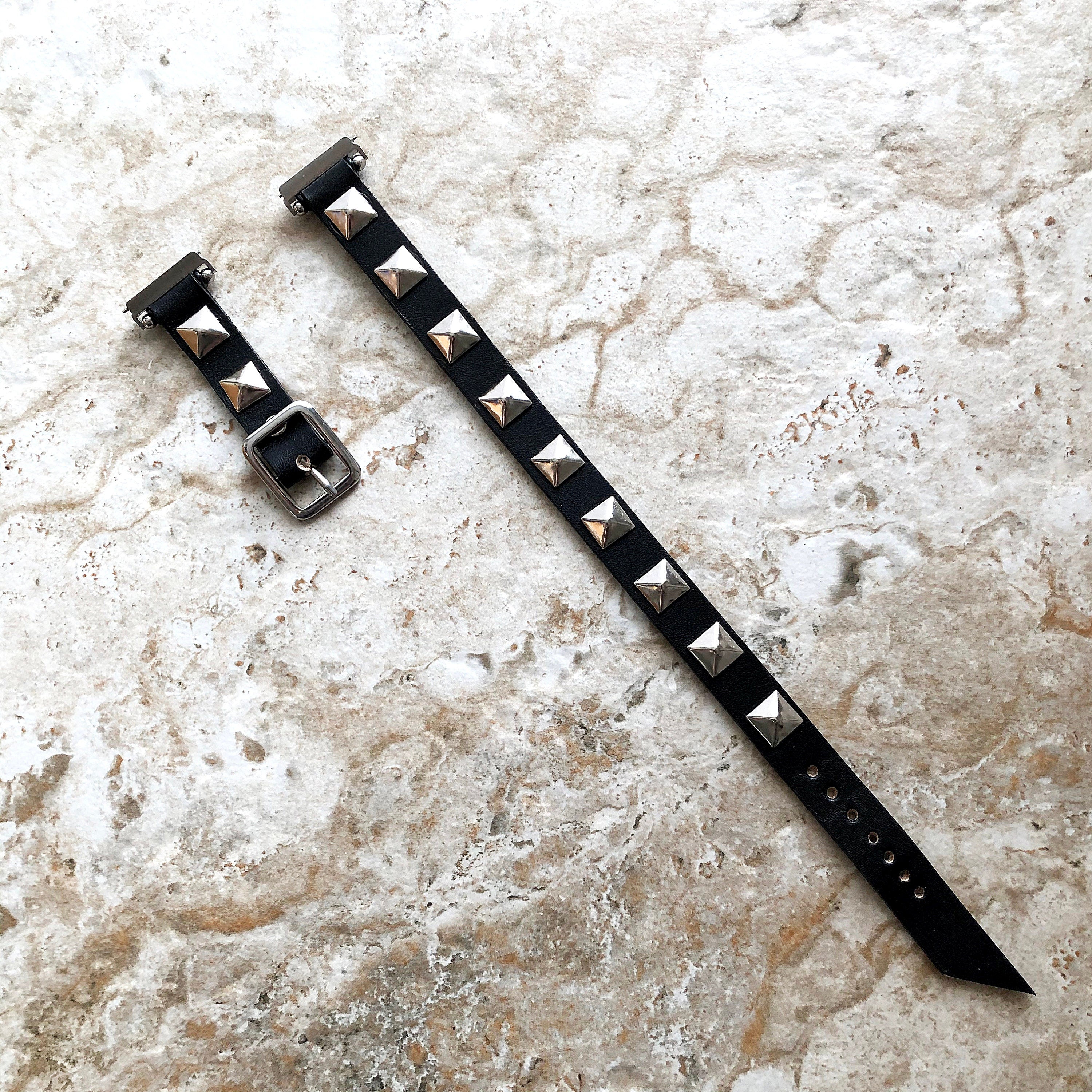 Fitbit Versa 2 3 4 Sense 2 New Black Leather Bands with Silver Color Pyramids Bracelet Twice Double Wrap Around Wrist Straps Style Unisex